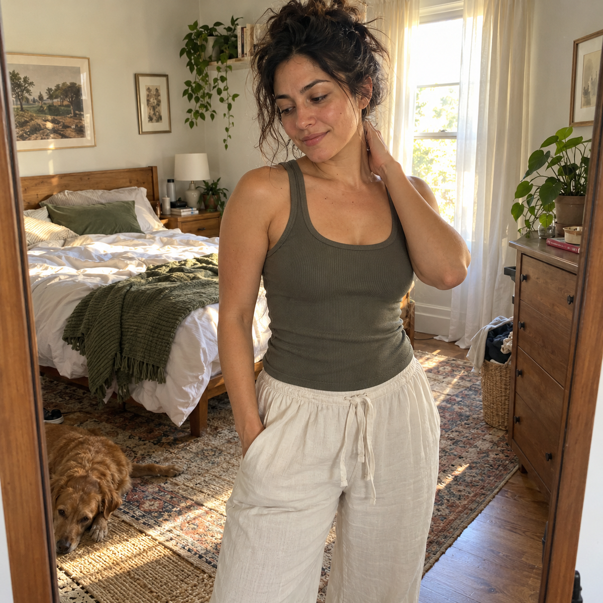 Woman — confident, morning flat belly